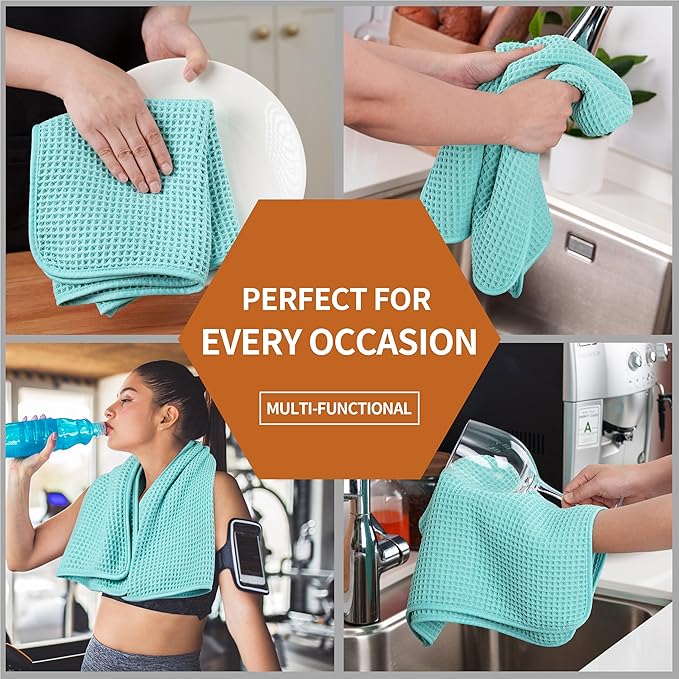 Microfiber Waffle Hand Towels, 4 Pieces, Soft, Absorbent, Fast Drying, Lint Free (Turquoise)