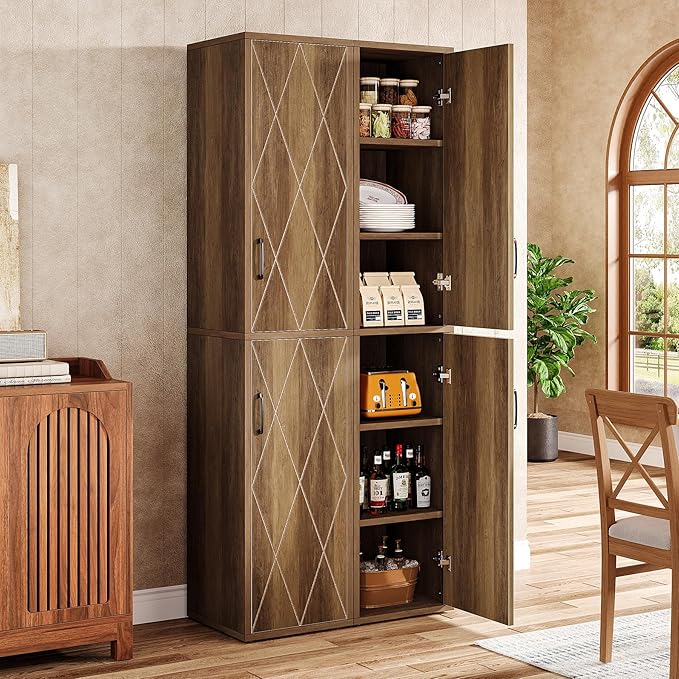 Tribesigns 75" Tall Narrow Storage Cabinet, Modern Farmhouse Pantry Cabinet with Doors and 6 Shelves, Skinny Freestanding Utility Cabinet for Kitchen, Bathroom, Laudry, Living Room, Brown
