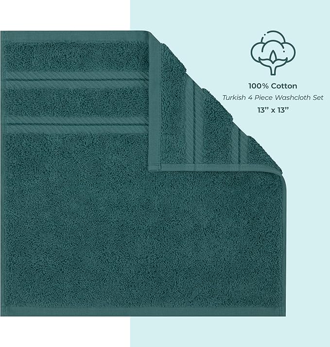 American Soft Linen Luxury Washcloths for Bathroom, 600 GSM 100% Cotton 4 Piece Turkish Wash Cloth Set, 13x13 in Soft Rags for Body and Face, Teal Washcloths