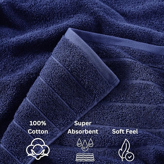 Casa Platino 100% Cotton 8 Piece Bath Towel Set - Ring Spun, Quick Dry, Super Soft & Highly Absorbent - 2 Bath, 4 Washcloths, 2 Bathroom Hand Towels - Hotel Quality Bathroom Towel Set - Navy Blue
