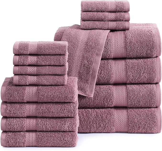 LANE LINEN 100% Mercerized Cotton Luxury Bathroom Towel Set - 16 Pcs - Super Soft, Fluffy & Highly Absorbent - 4 Bath Towels, 8 Washcloths, 4 Hand Towels - Pre Shrunk, Pet Friendly - Wishful Mauve