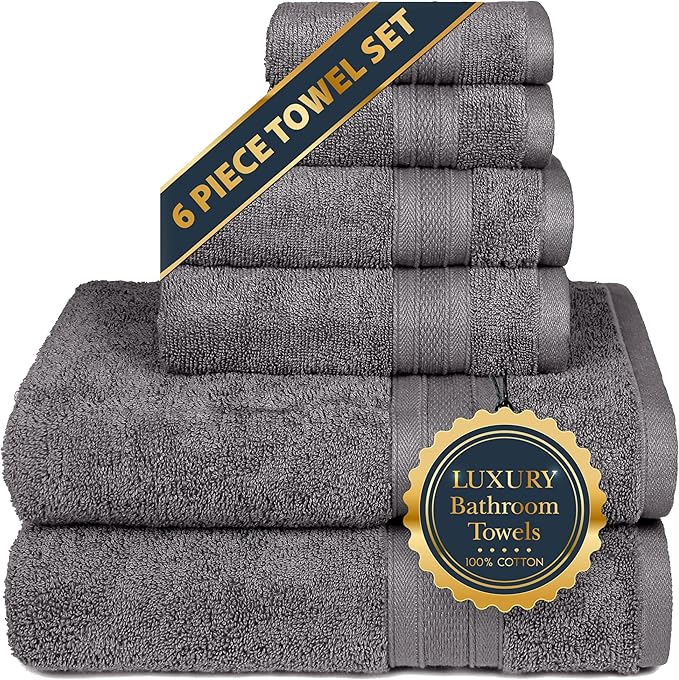 TRIDENT Soft & Plush Luxury Towel Set, 100% Cotton, 2 Bath Towels 2 Hand Towels 2 Washcloths Highly Absorbent Towels for Bathroom, 6 Pieces Charcoaly Grey Towel Sets