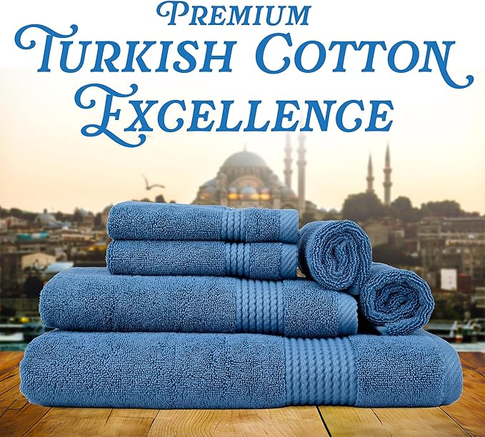 EastNBlue Lara Premium Bath Towel Set 6 Piece - Soft & Highly Absorbent Bathroom Towel Set, 100% Luxury Turkish Cotton, Flannel Bath Towels, 1 Bath Towel, 1 Hand Towel, 4 Washcloths - Navy Blue