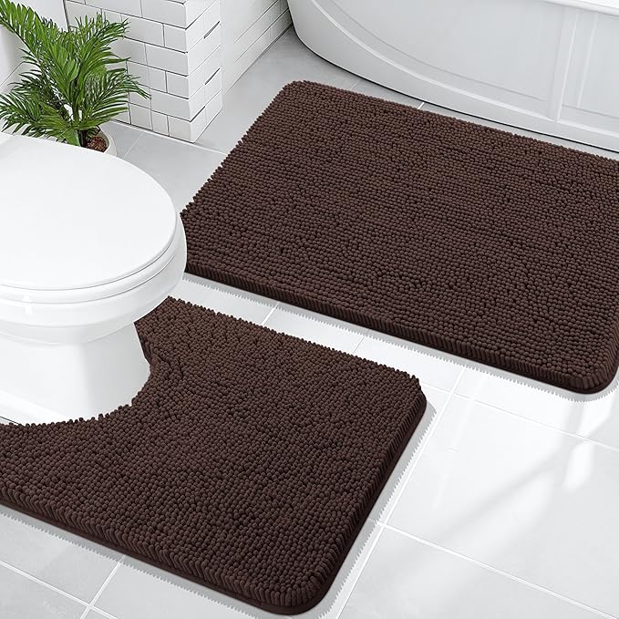 OLANLY Bathroom Rugs Sets 2 Piece, Soft Absorbent Chenille Bath Mats and U-Shaped Contour Toilet Mat Area Rug Set, Machine Washable Bath Carpet, Home Decor Accessories(30"x20"+24"x20", Brown)