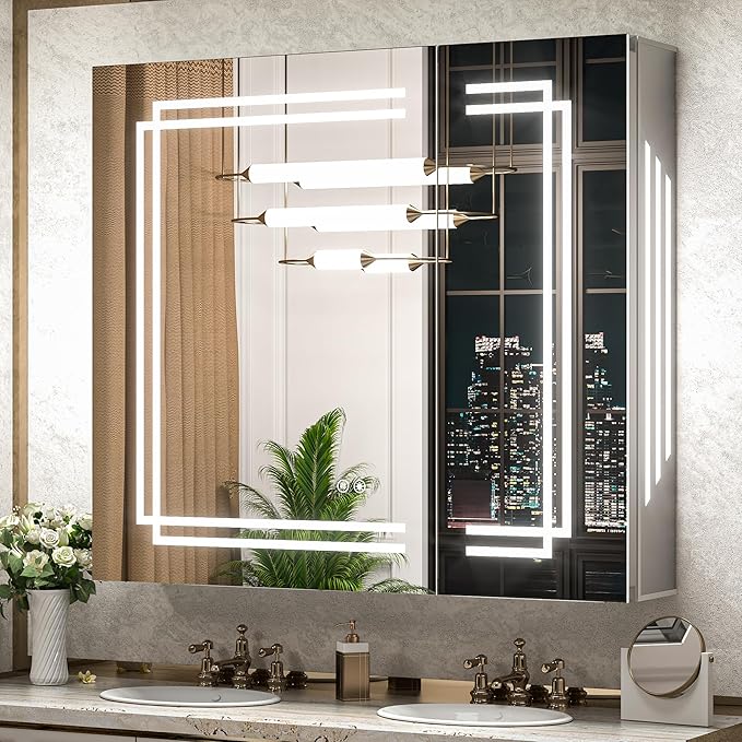 TokeShimi 36 x 32 Bathroom Medicine Cabinet with Lighted Mirror Tempered, LED Medicine Cabinet Mirror with 3 Colors Dimmable, CRI 80+, Anti-Fog, Memory Funtion, Wall Make up Mirror with Storage