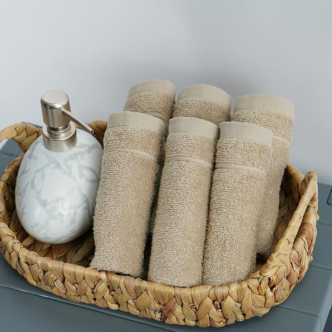 Tens Towels Pack of 24 Washcloths, 12 x 12 Inches, Lighter Weight, Quick to Dry, Super Soft & Absorbent, Gentle Face Towels, Hotel Quality, Perfect for Bathroom, Gym, Spa (Beige, 24 Pack)