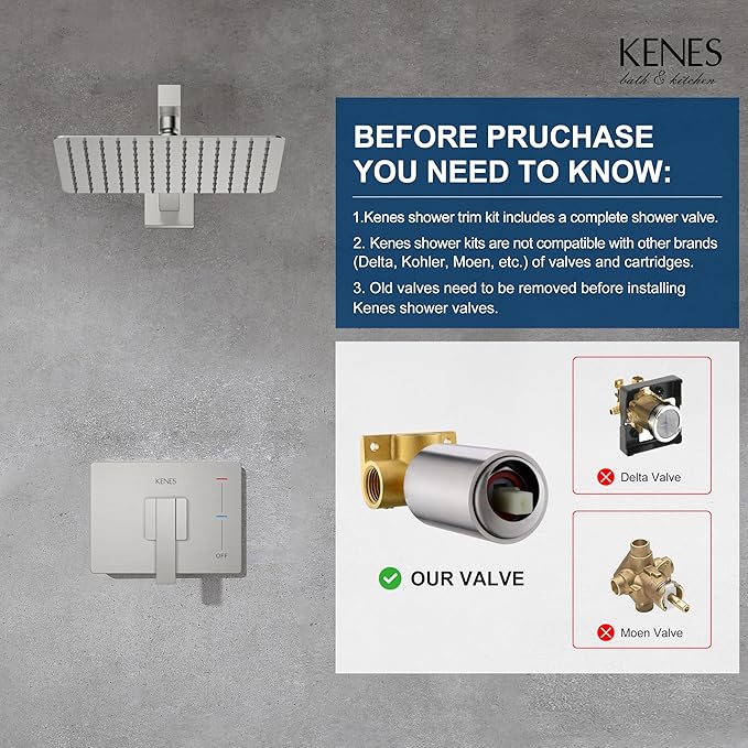 KENES Brushed Nickel 10-Inch Shower Head and Handle Set, Square Shower Faucet Set Bathroom Rainfall Shower System Wall Mount, KE-6024B (Shower Valve Included)