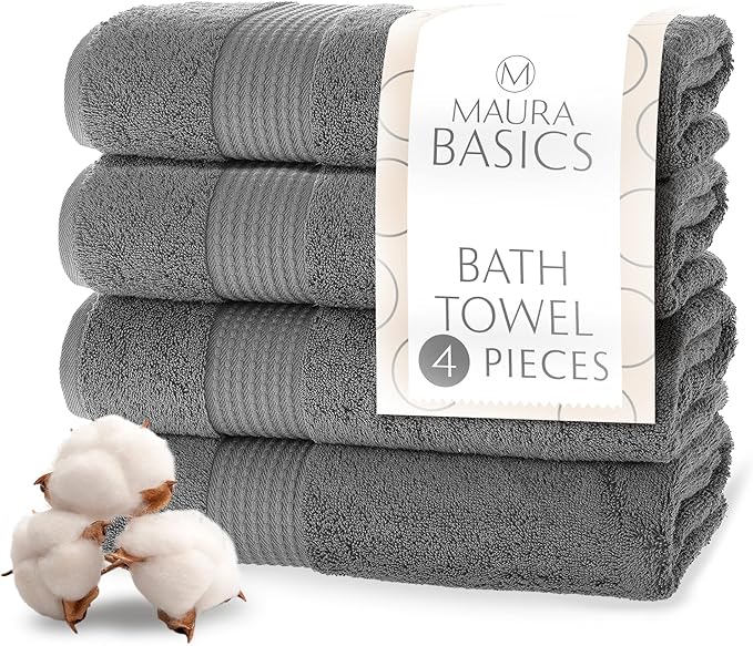 MAURA Basics Performance Bath Towels 100% Turkish Cotton with Hook Loops. Extra Large Luxury Absorbent Plush Towel Sets for Bathroom, Daily Use American Standard Size 27”x54”, Space Gray