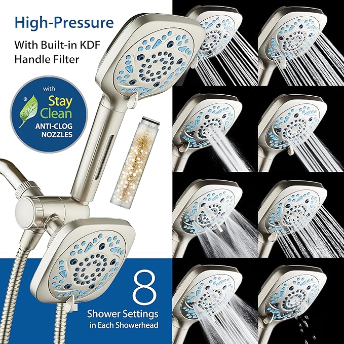 6-way High Pressure 82 Spray Mode Filtered Showerhead Combo - Handheld Shower Head Filters Chlorine to Heal Dry Skin, Revive Hair - Dual Power Wash Cleans Tub, Tile, Pets - Hard Water Softener, Nickel