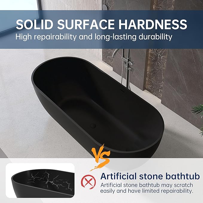 69" Stone Resin Freestanding Bathtub, Oval Solid Surface Bathroom Freestanding Tub, Thin Edge Stand Alone Tub with Integrated Slotted Overflow and Pop-up Drain, Matte Black AFS307-1750
