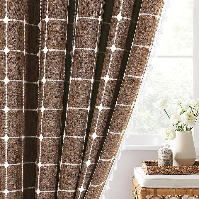 MitoVilla 72 x 84 Brown Boho Extra Long Shower Curtain, Farmhouse 84 inch XL Polyester Linen Texture Tassel Fabric Shower Curtain Set with Hooks for Cottagecore Country Bathroom Decor