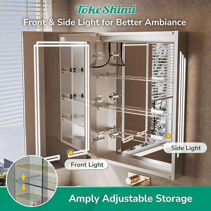 TokeShimi 48 x 32 Lighted Bathroom Medicine Cabinet with Mirror Tempered, 3 Color LED Mirror with Storage with Stepless Dimming, CRI 80+ Anti-Fog, Memory Funtion, Wall Mirrored Medicine Cabinet
