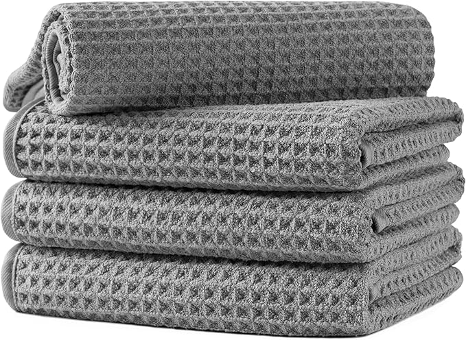 Microfiber Waffle Hand Towels, 4 Pieces, Soft, Absorbent, Fast Drying, Lint Free (Gray)