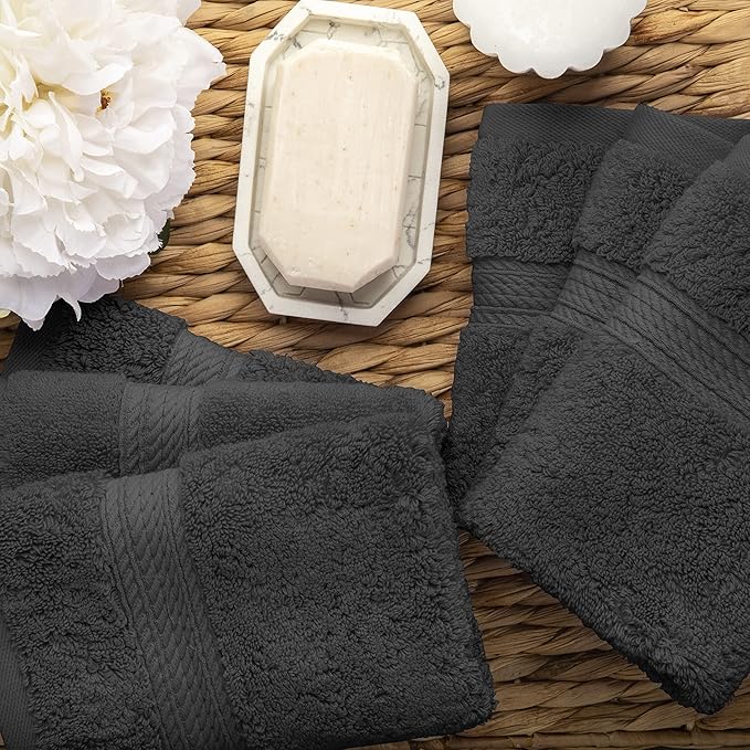 BLUENILEMILLS BNM Egyptian Cotton 6-Piece Towel Set, Includes 6 Face Towels, Attached Loop for Easy Hanging and Storage, Hotel Quality, Perfect for Bathroom, Gym, Shower Space, or Spa, Charcoal