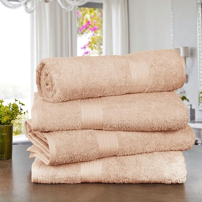 Ample Decor Bath Towels 100% Cotton 30 X 54 Inch 600 GSM Soft Quick Dry Bathroom Towels- 4pcs Beige