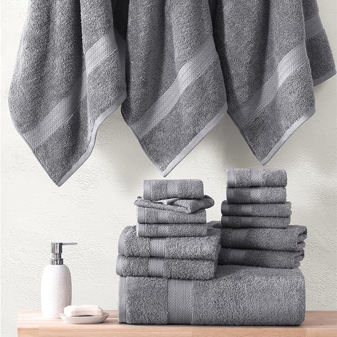 Lane Linen Complete 24 PCs Bath Towel Set For Family - 100% Ring Spun Cotton - Quick Dry, Soft & Absorbent Towels For Bathroom - Perfect for Kids, Guest & Everyday Use - Oeko Tex Certified -Space Grey