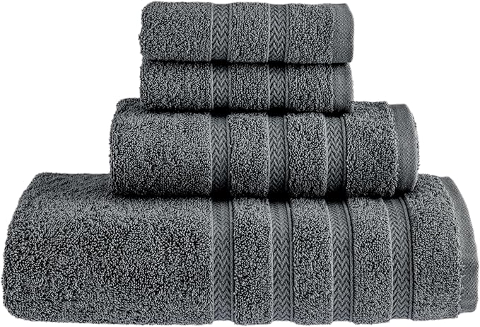 HALLEY Turkish Towels Set (4 Pieces) 650 GSM Highly Absorbent Super Soft 100% Cotton - 1 Bath Towel 1 Hand Towel 2 Washcloths (Darkgray)