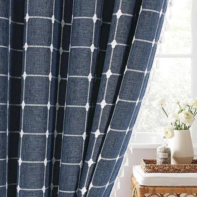 MitoVilla Navy Blue Boho Shower Curtains for Modern Farmhouse Bathroom Decor, Country Thick Polyester Linen Fabric Shower Curtain with Tassel, 72 x 72