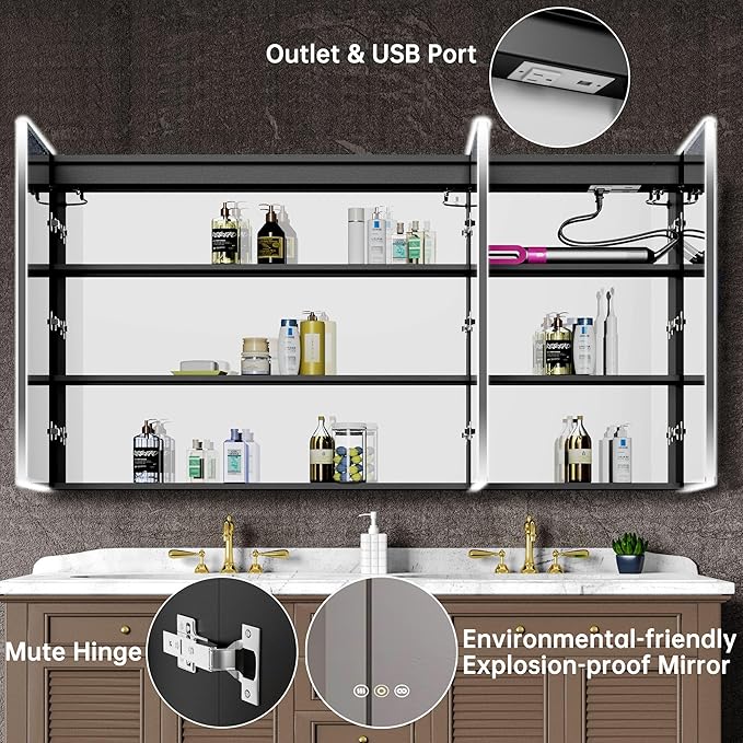LED Medicine Cabinet Mirror, 60”W x 36”H Bathroom Medicine Cabinets with Defogger, Dimmer, Outlets & USB, Wall Mounted