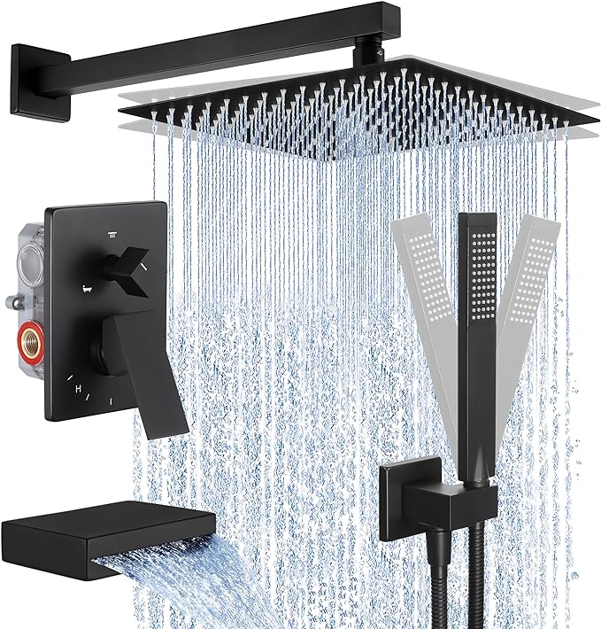 KES Black Shower Faucet Set Complete, 12 Inch Rainfall Shower Head with Handheld Spray, Waterfall Tub Spout Bathtub Faucet, Shower System, Regaderas Modernas Para Ducha, XB6305F18S12-BK