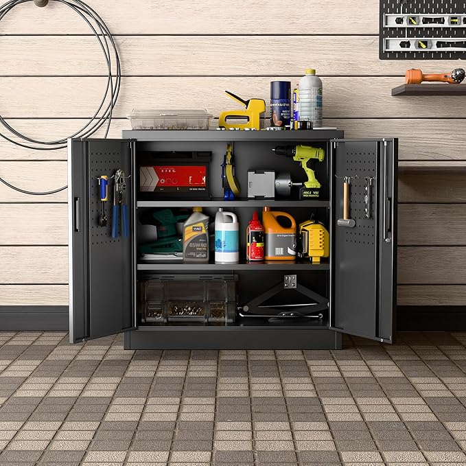 Aobabo 31.5" H Metal Storage Cabinet with 2 Shelves, Garage Storage Cabinet with Lock and 4 Hooks for Home Office Garage, Black, Assembly Required