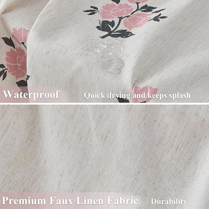 ORTIGIA Boho Pink Shower Curtains for Bathroom Linen Farmhouse Shower Curtain Set with Metal Hooks Block Print Floral Waterproof Aesthetic Rustic Fabric Bath Curtain for Home, Weighted, 72x72