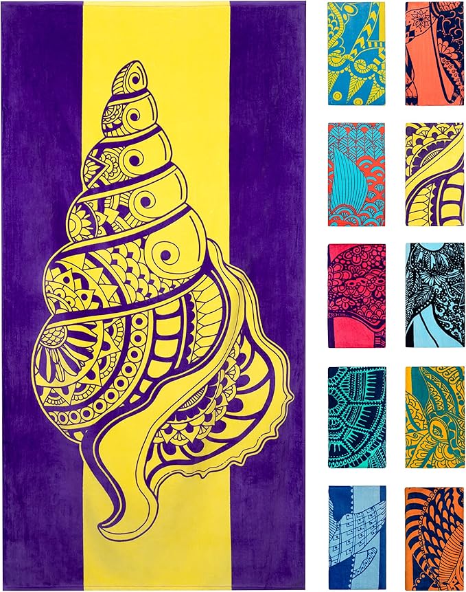 Nova Blue Seashell Beach Towel (34 X 63) – Purple & Yellow Travel Beach Towel Made from 100% Cotton – Unique Adult Beach Towels with Tropical Design - Compact BeachTowel