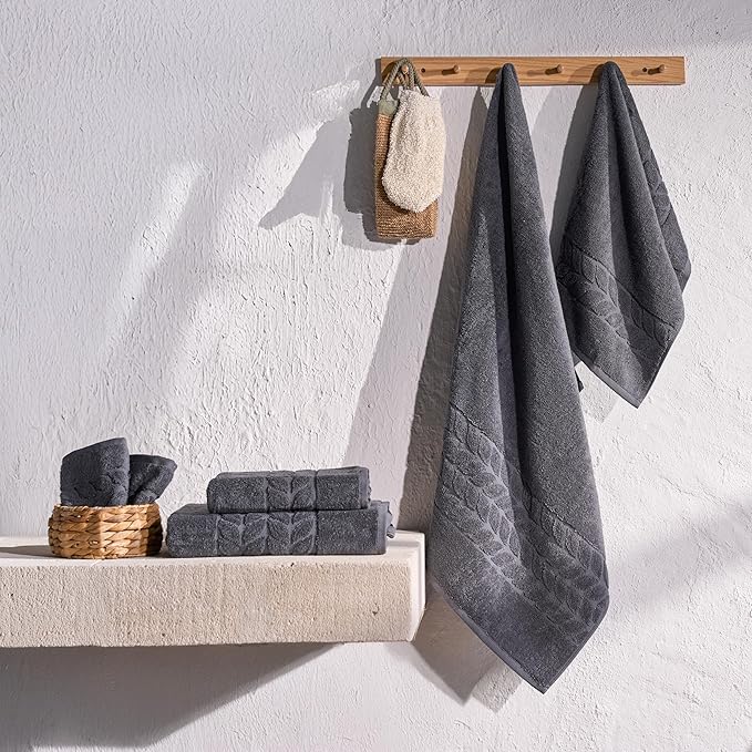 BAGNO MILANO Organic Turkish Cotton Bath Towels, Luxury Jacquard Collection, Certified Organic Highly Absorbent, Soft-Plush Towel Set (Charcoal, 6 Pcs Towel Set)