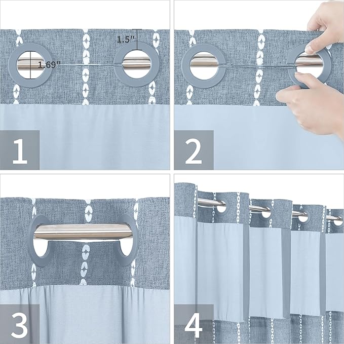 Boho Farmhouse No Hook Shower Curtain Set with Snap-in Fabric Liner,Heavy-Duty Linen Textured Rustic Striped Design,Water-Repellent with Tassels and Sheer Window,Blue,71x74