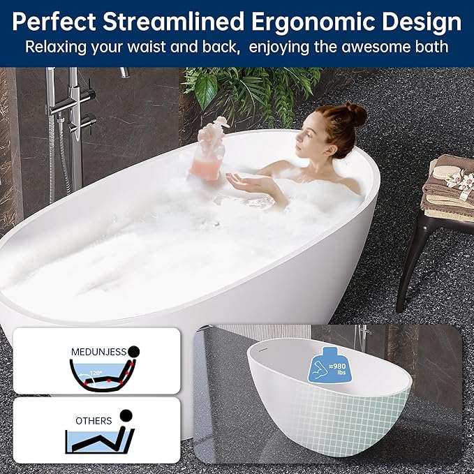 51" Stone Resin Freestanding Bathtub, Modern Oval Solid Surface Soaking Tub, Solid Surface Stand Alone Bathtub with Drain & Integrated Slotted Overflow Matte White AM303-1300