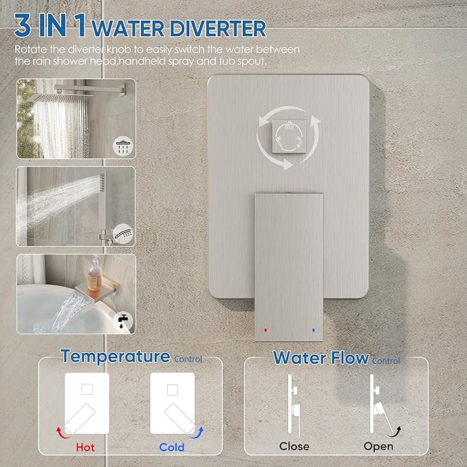 Tub Shower System, All Metal Tub Shower Faucet Set with 12" Rain Shower Head and Handheld Spray combo, Wall Mounted Shower Systems with Tub Spout, Valve and Trim Kit, Brushed Nickel