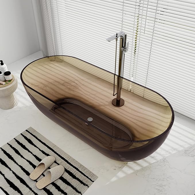 SJ STAR&JANE 69" Solid Surface Freestanding Bathtub Stone Resin Oval Soaking Tub Stand Alone Tub with Pop-up Drain Transparent Sepia