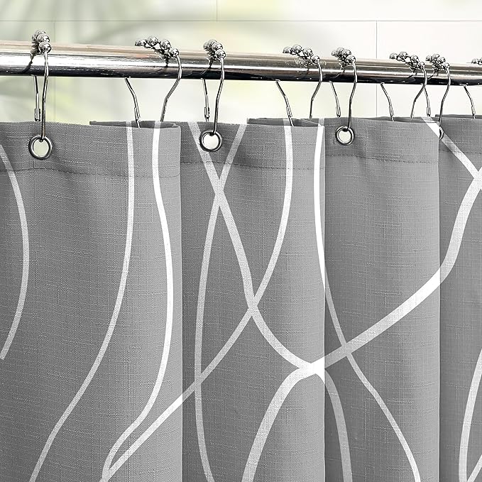 Tititex Morden 140gms Faux Linen Fabric Bath Shower Curtain Set Textured Fabric with Gray White Curve Pattern 72x72 Inch Water Resistant Bathroom Curtains, Weighted Hem & Hooks for Home/Hotel
