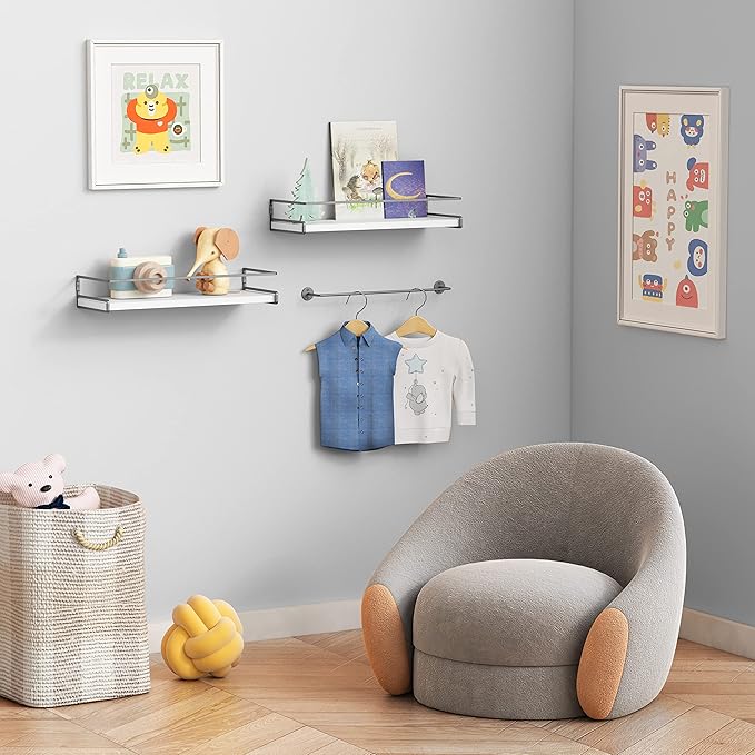 Forbena White Floating Shelves for Bathroom Organizer Over Toilet, Bathroom Shelves Wall Mounted with Towel Rack, Corner Wall Shelf for Bedroom Decor Kitchen Storage (White-Dark Grey, Set of 2)