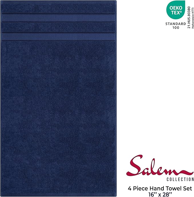 American Soft Linen Salem 100% Cotton Turkish 4 Piece Hand Towels for Bathroom, 600 GSM Soft Absorbent Quickdry Hand Face Towel Set, Navy Blue