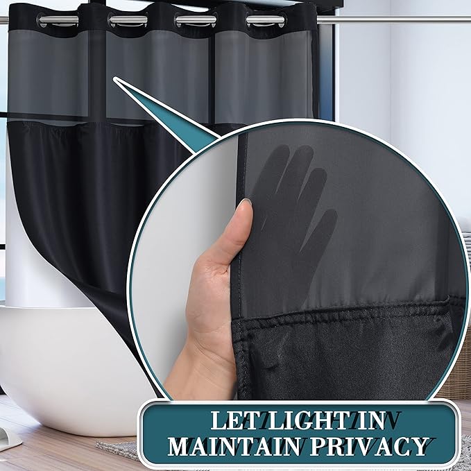 Conbo Mio Extra Long No Hook Shower Curtain with Snap in Liner Set, Hotel Luxury Black Fabric Shower Curtains for Bathroom with See Through Top Window, Washable, Waterproof 71W x 84H