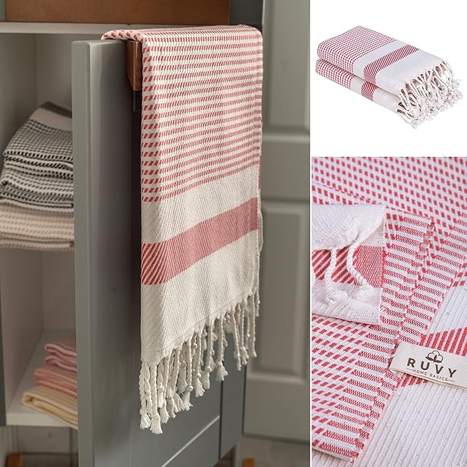 Ruvy Home Basics Turkish Hand Towels for Bathroom Set of 2 | 18"x40", Cotton | Decorative Towel for Bathroom, Kitchen, Dishcloth, Tea, Yoga, Face, Gym - Coral
