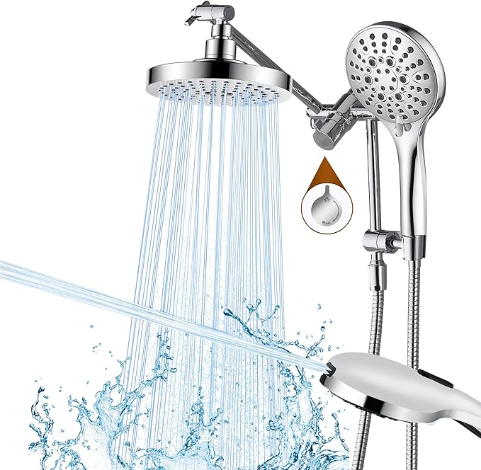 BRIGHT SHOWERS Rain Shower Head with Handheld Spray Built-in Power Wash, High Pressure Dual Shower Head with Height Adjustable Extension Arm, 3-Way Diverter, 9 Settings Handheld, 69” Long Hose, Chrome