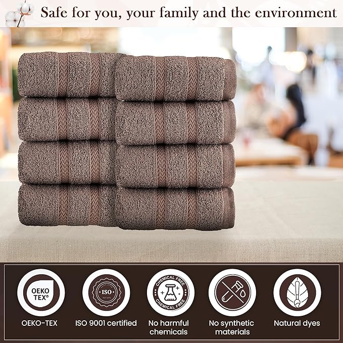 HALLEY Turkish 8 Pack Premium Washcloths (8 Pieces) 650 GSM Highly Absorbent Super Soft 100% Cotton - 8 Washcloths (Brown)