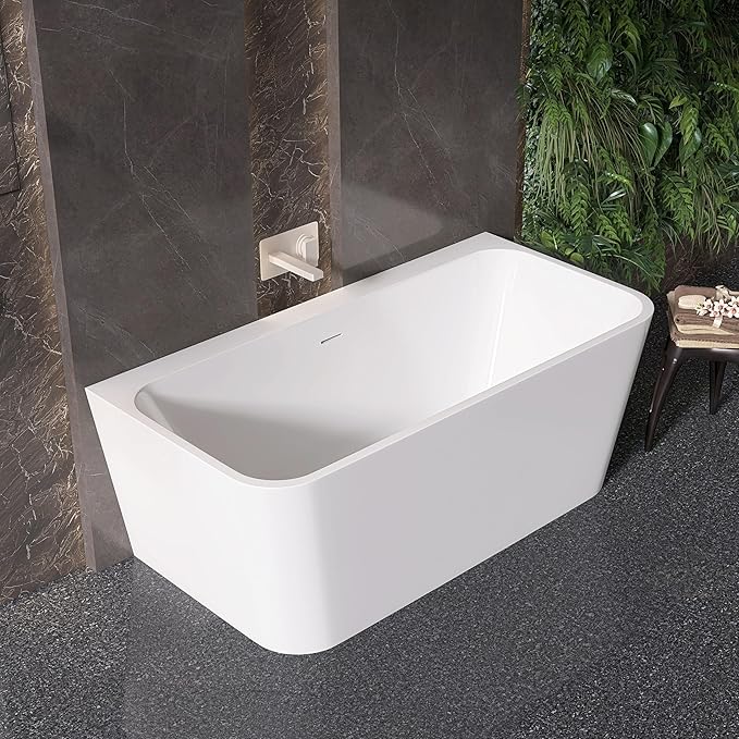 59" Acrylic Back-to-Wall Bathtub,Freestanding Bathtubs, Stand Alone Tub, Soaking Tubs for Bathroom, Integrated Overflow and Drain, cUPC Certified, Gloss White