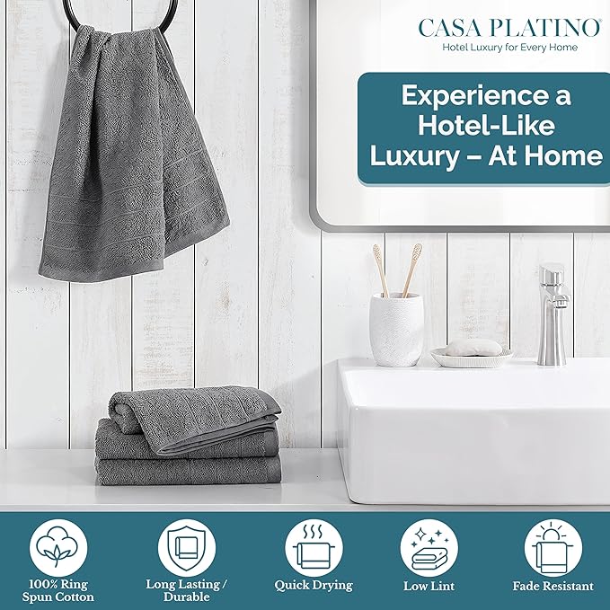 Casa Platino 100% Mercerized Cotton Hand Towels for Bathroom (16"x28") - Spa & Hotel Quality - Ring Spun - Quick Dry, Soft & Absorbent Bath Hand Towel Set of 4 - Pet Friendly, Pre Shrunk - Cool Grey