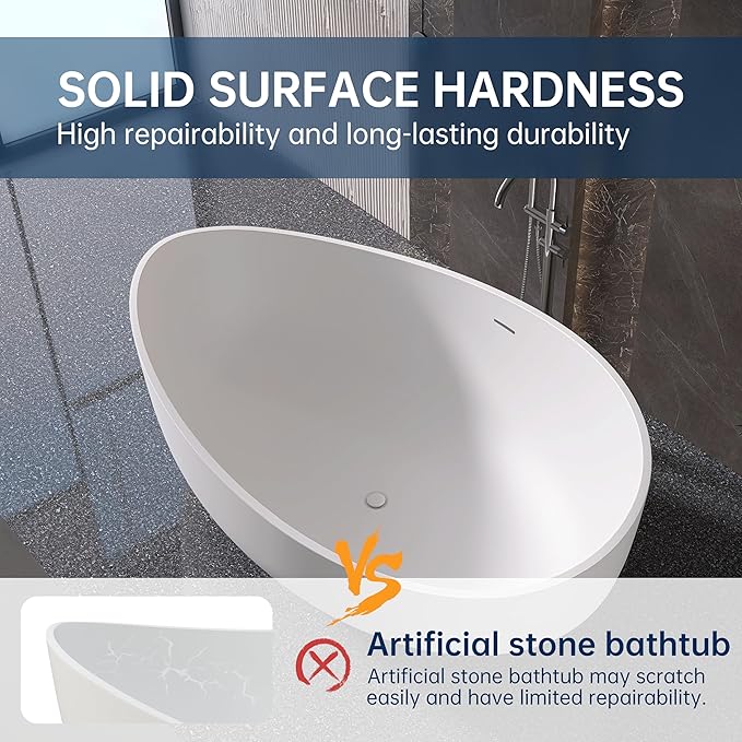 Stone Resin Freestanding Bathtub 71", Elegant Oval Shape Soaking Tub, Solid Surface Stand Alone Bathtub with Drain & Integrated Slotted Overflow Matte White AMMG015-1800