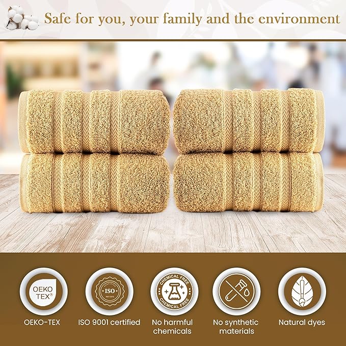 HALLEY Turkish 4 Pack Premium Hand Towels (4 Pieces) 650 GSM Highly Absorbent Super Soft 100% Cotton - 4 Hand Towels (Yellow)