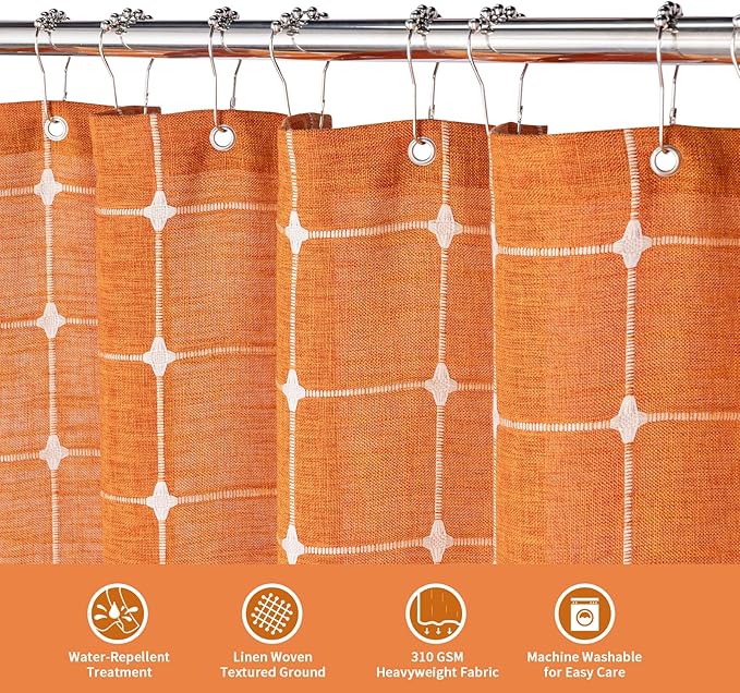 MitoVilla Boho Small Stall Shower Curtain 36 x 72, Orange Narrow Polyester Linen Fabric Shower Curtains for Farmhouse Bathroom Decor, Half Size Cloth Shower Curtain Set with Hooks