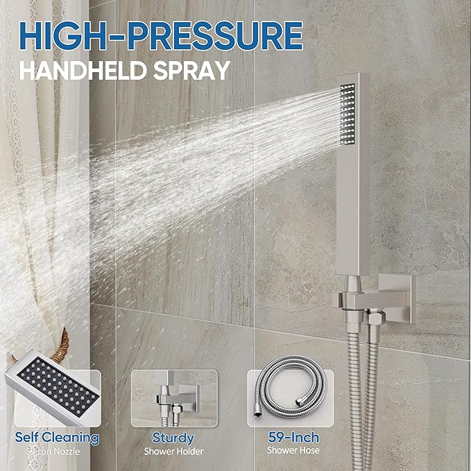 Tub Shower System, All Metal Tub Shower Faucet Set with 12" Rain Shower Head and Handheld Spray combo, Wall Mounted Shower Systems with Tub Spout, Valve and Trim Kit, Brushed Nickel
