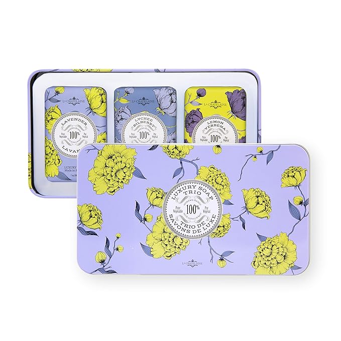 La Chatelaine Luxury Bar Soap Trio Gift Set Tin | Made in France | Natural and Organic | Shea Butter Formula | 3 x 7 oz / 200g - Lavender Soap Trio (Lavender, Lychee Bilberry, Lemon Verbena)