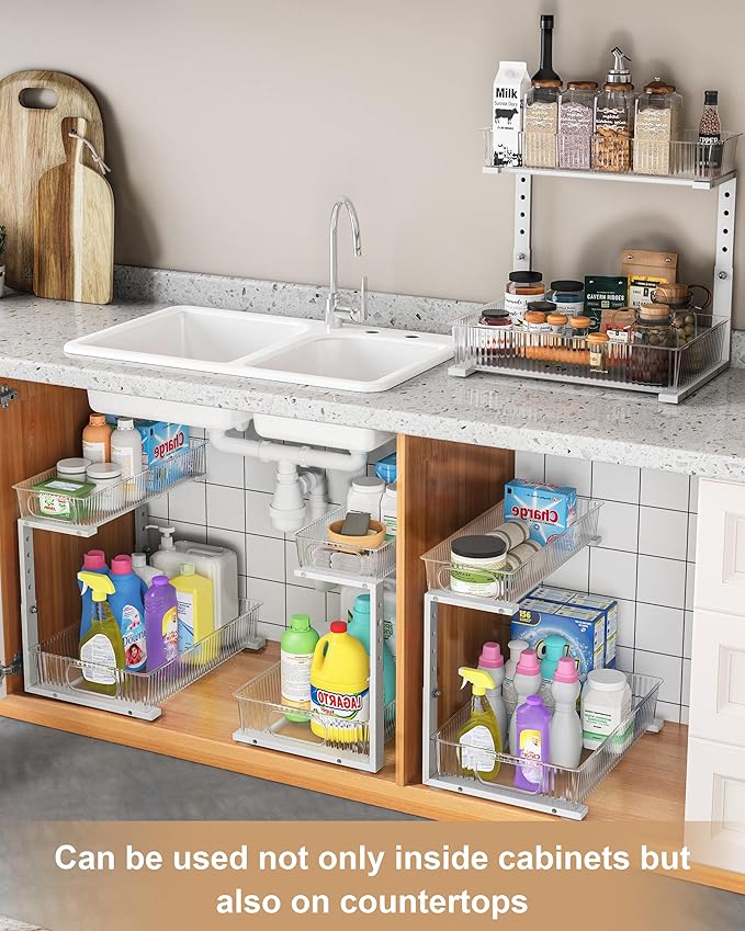 UMDONX Under Sink Organizer 2-Pack Adjustable Bathroom Under Sink Pull-Out Organizer with 5 Adjustable Heights for Kitchen, Bathroom & Laundry Storage