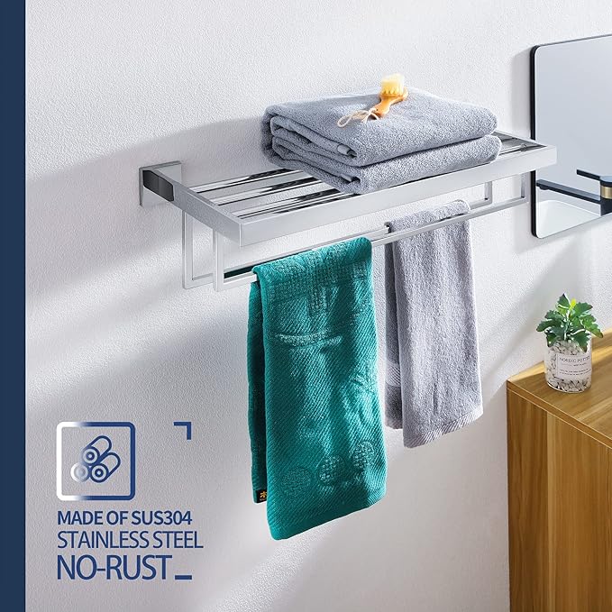 KOKOSIRI 24'' Bathroom Towel Shelf Chrome Towel Rack with Two Bath Towel Bars SUS304 Stainless Steel Wall Mounted, Polished Finish, B6003CH
