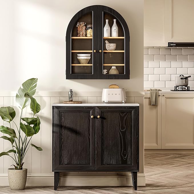 Large Arched Bathroom Wall Cabinet Modern Wooden Display Cabinet with Acrylic Doors Farmhouse Wall Mounted Cupboard Storage Organizer for Laundry Room, Dining Room, Black