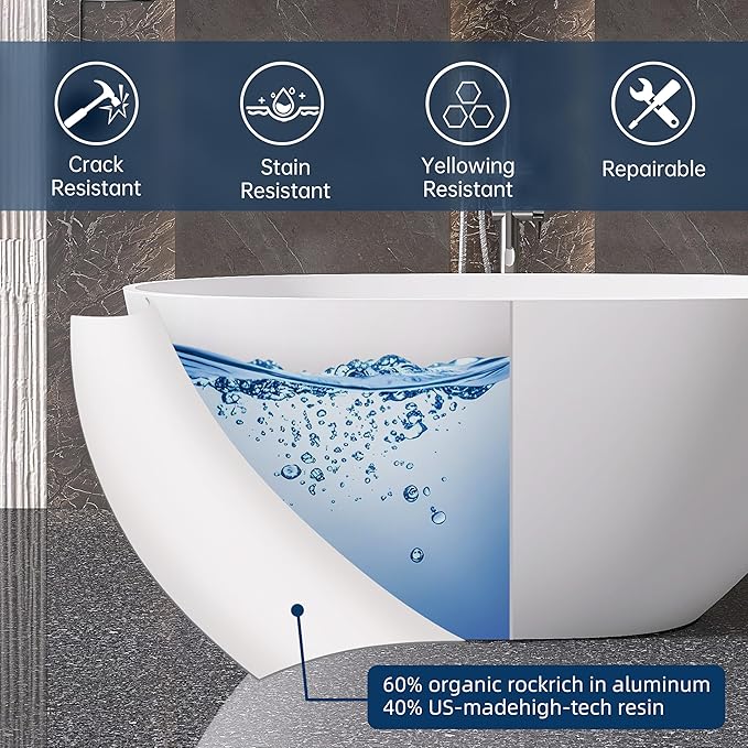 51" Stone Resin Freestanding Bathtub, Modern Oval Solid Surface Soaking Tub, Solid Surface Stand Alone Bathtub with Drain & Integrated Slotted Overflow Matte White AM303-1300